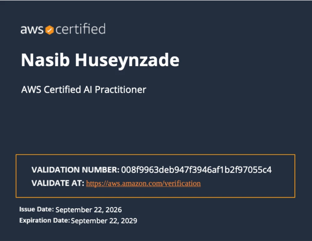 AWS Certified AI Practitioner certificate awarded to Nasib Huseynzade